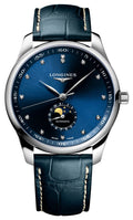 Longines Master Collection Automatic Stainless Steel Blue Dial Blue Leather Strap Diamonds Moonphase Date Mens Watch L2.919.4.97.0