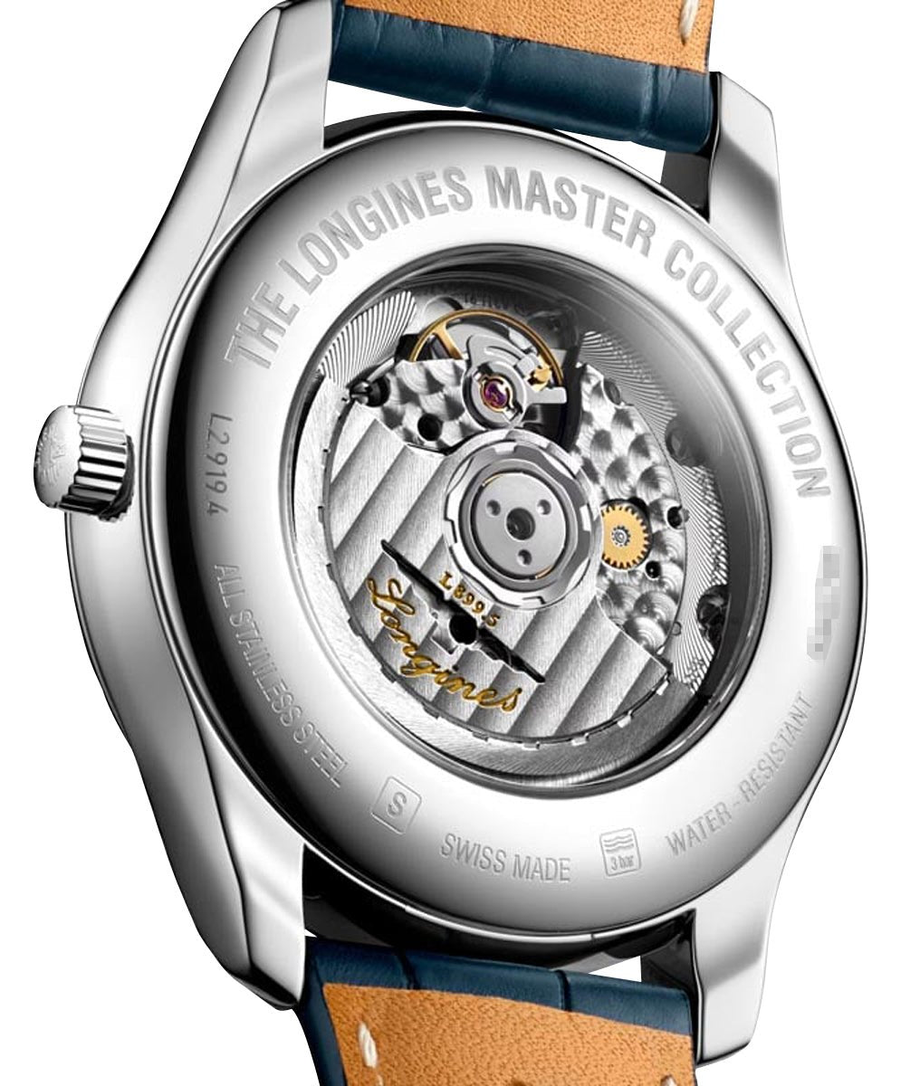 Longines Master Collection Automatic Stainless Steel Blue Dial Blue Leather Strap Diamonds Moonphase Date Mens Watch L2.919.4.97.0
