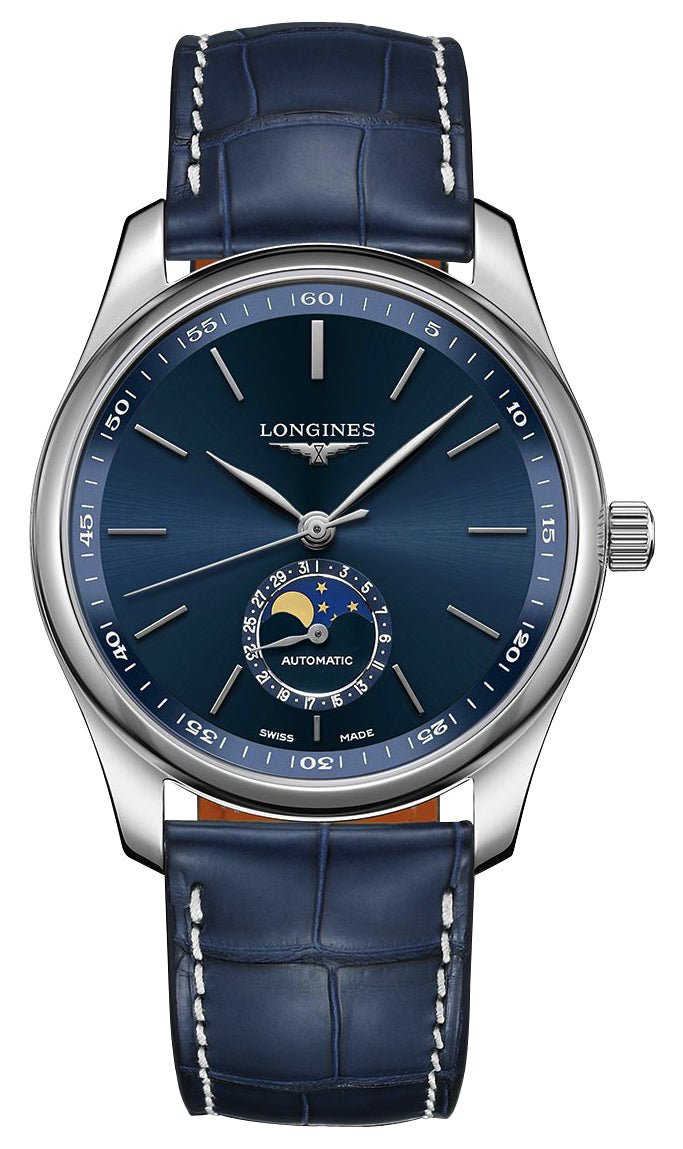 Longines Master Collection Automatic Stainless Steel Blue Dial Blue Leather Strap Moonphase Date Mens Watch L2.909.4.92.0