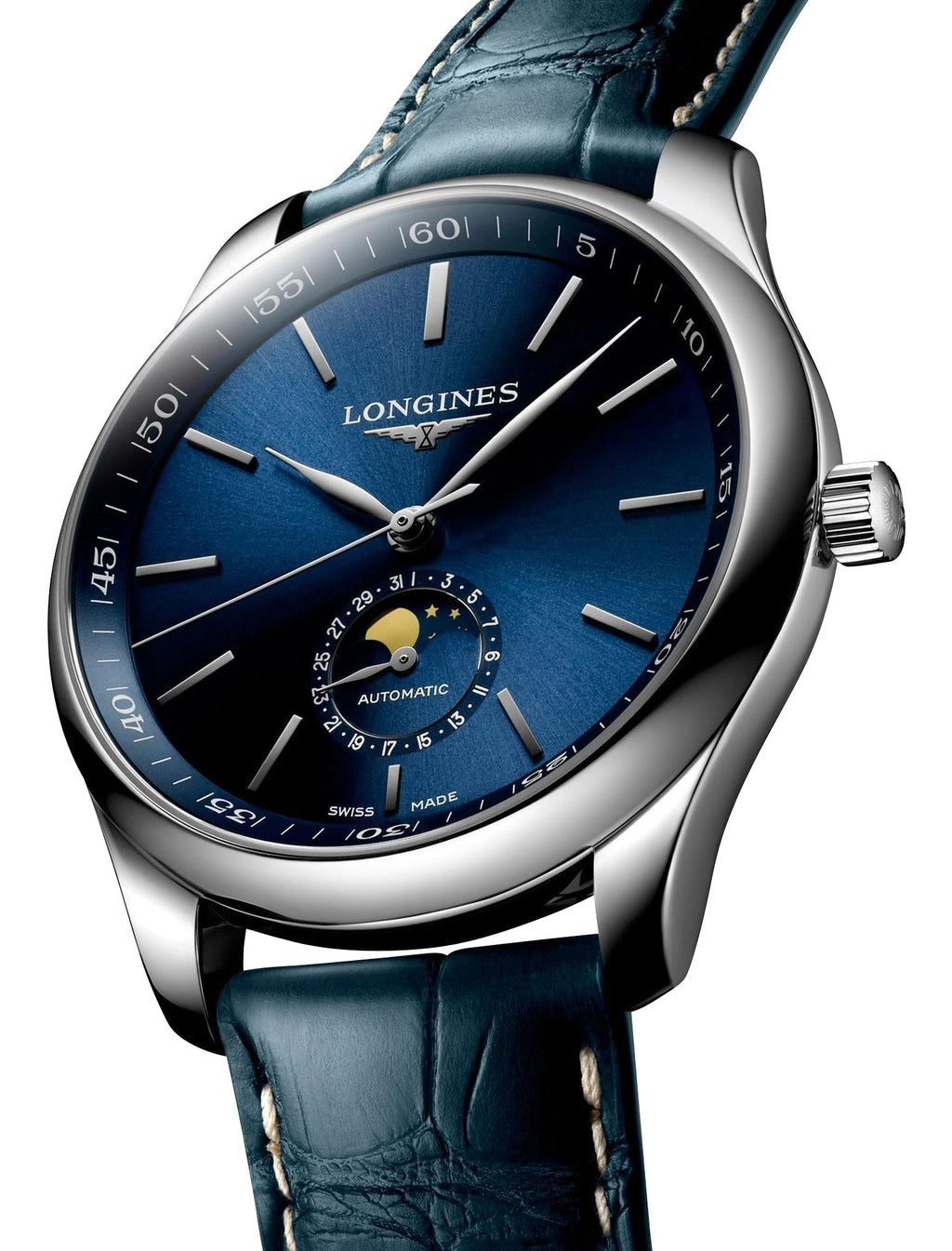 Longines Master Collection Automatic Stainless Steel Blue Dial Blue Leather Strap Moonphase Date Mens Watch L2.919.4.92.0