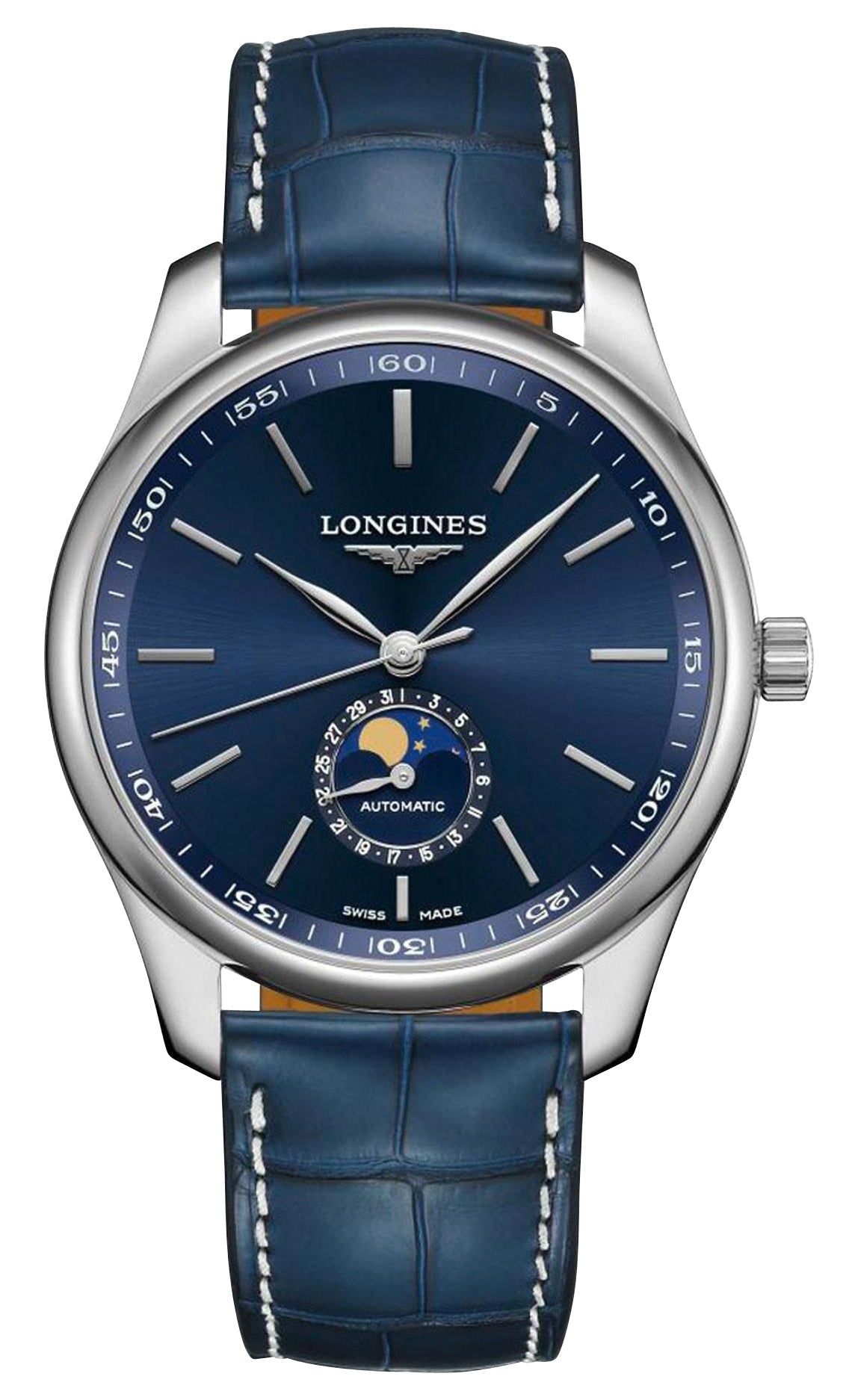 Longines Master Collection Automatic Stainless Steel Blue Dial Blue Leather Strap Moonphase Date Mens Watch L2.919.4.92.0