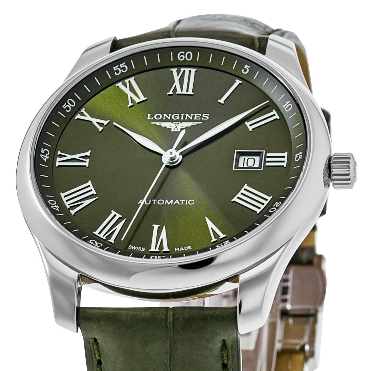 Longines Master Collection Automatic Stainless Steel Green Dial Green Leather Strap Date Mens Watch L2.893.4.09.2
