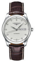 Longines Master Collection Automatic Stainless Steel Silver Dial Brown Leather Strap Diamonds Day/Date Mens Watch L2.755.4.77.3