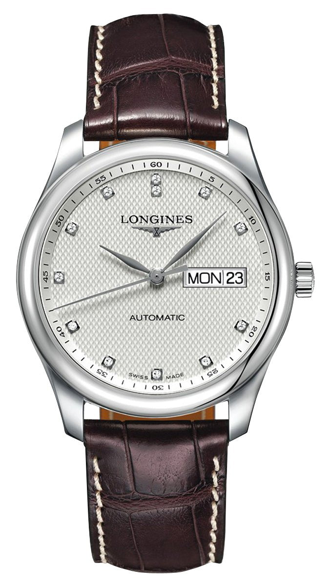 Longines Master Collection Automatic Stainless Steel Silver Dial Brown Leather Strap Diamonds Day/Date Mens Watch L2.755.4.77.3