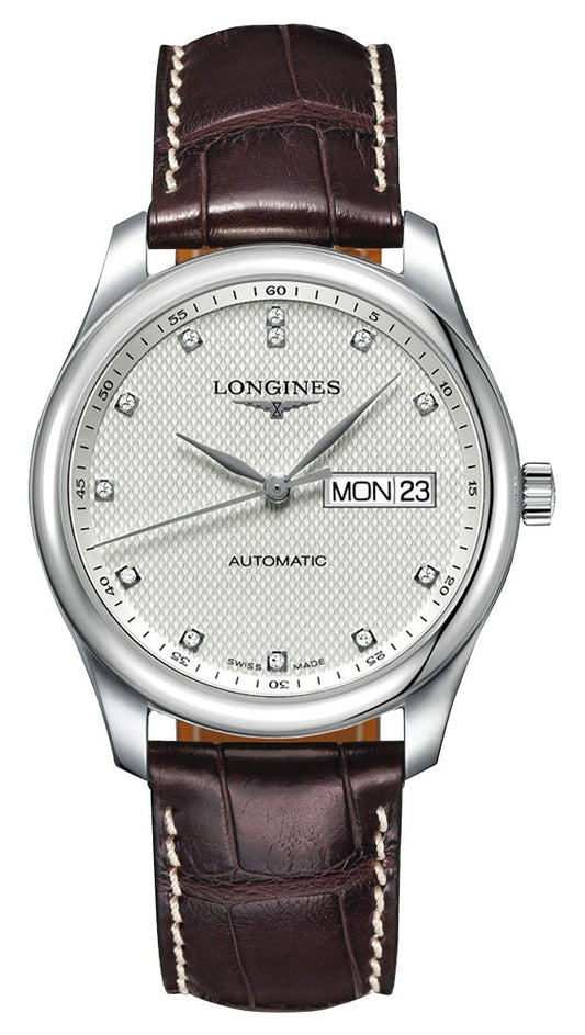 Longines Master Collection Automatic Stainless Steel Silver Dial Brown Leather Strap Diamonds Day/Date Mens Watch L2.755.4.77.3
