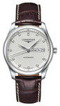 Longines Master Collection Automatic Stainless Steel Silver Dial Brown Leather Strap Diamonds Day/Date Mens Watch L2.755.4.77.3