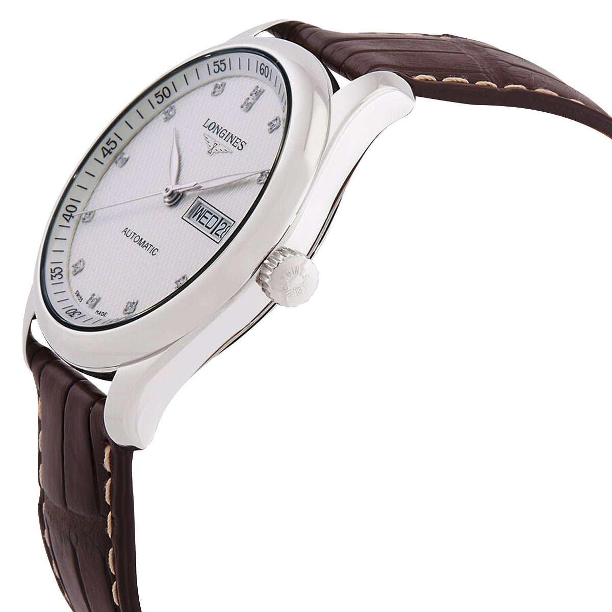 Longines Master Collection Automatic Stainless Steel Silver Dial Brown Leather Strap Diamonds Day/Date Mens Watch L2.755.4.77.3