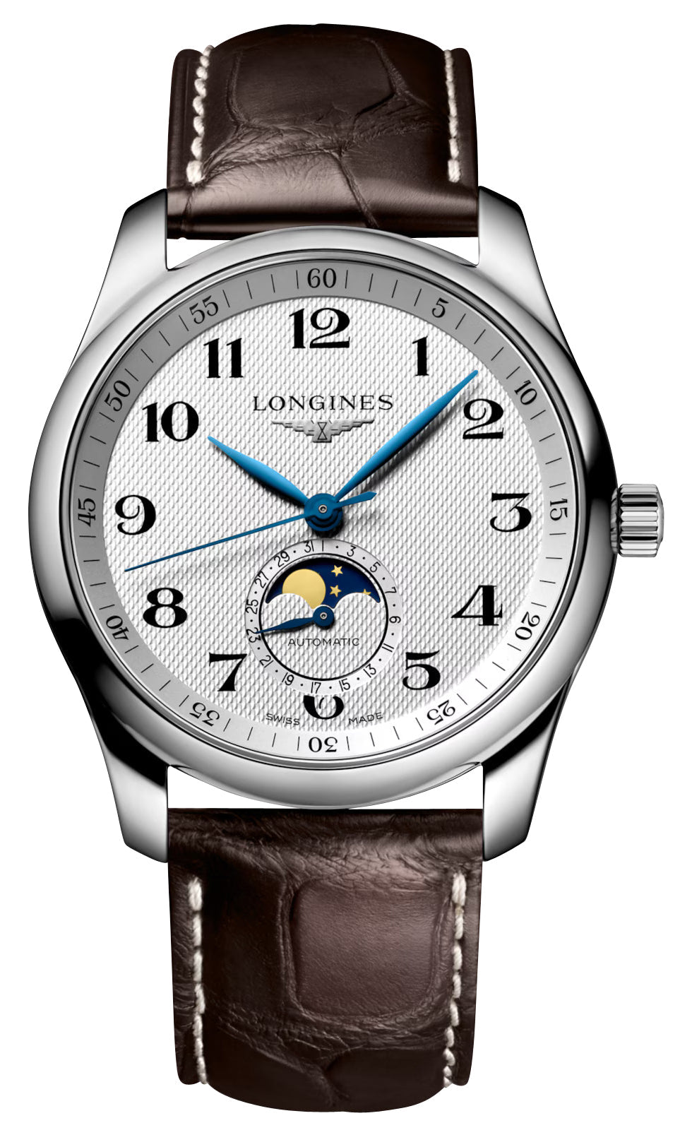 Longines Master Collection Automatic Stainless Steel Silver-Tone Dial Brown Leather Strap Moonphase Date Mens Watch L2.909.4.78.3