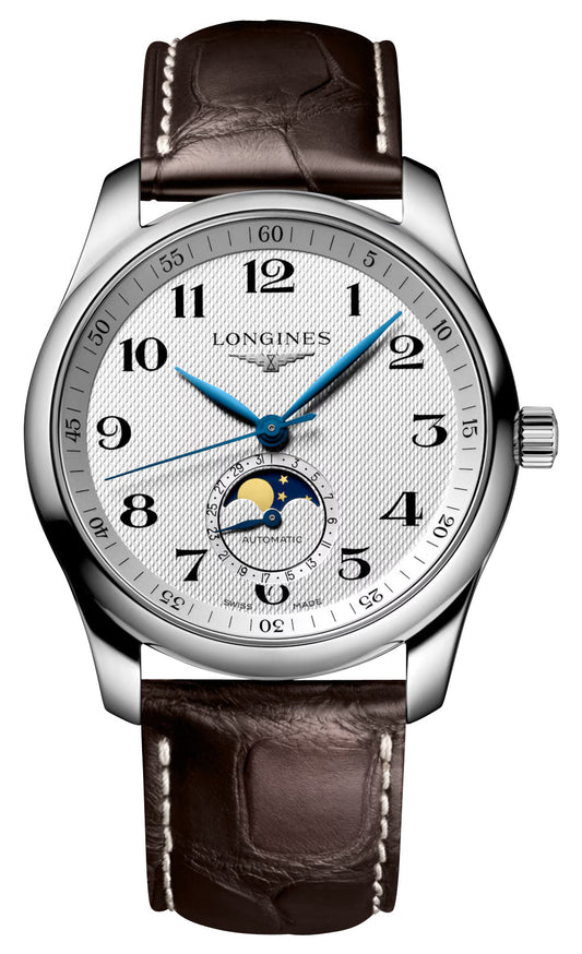 Longines Master Collection Automatic Stainless Steel Silver-Tone Dial Brown Leather Strap Moonphase Date Mens Watch L2.909.4.78.3