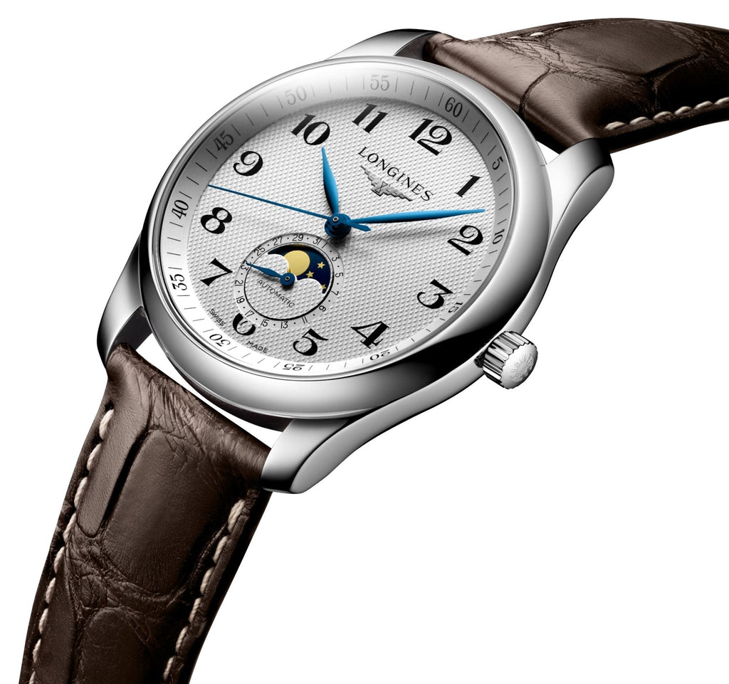 Longines Master Collection Automatic Stainless Steel Silver-Tone Dial Brown Leather Strap Moonphase Date Mens Watch L2.909.4.78.3