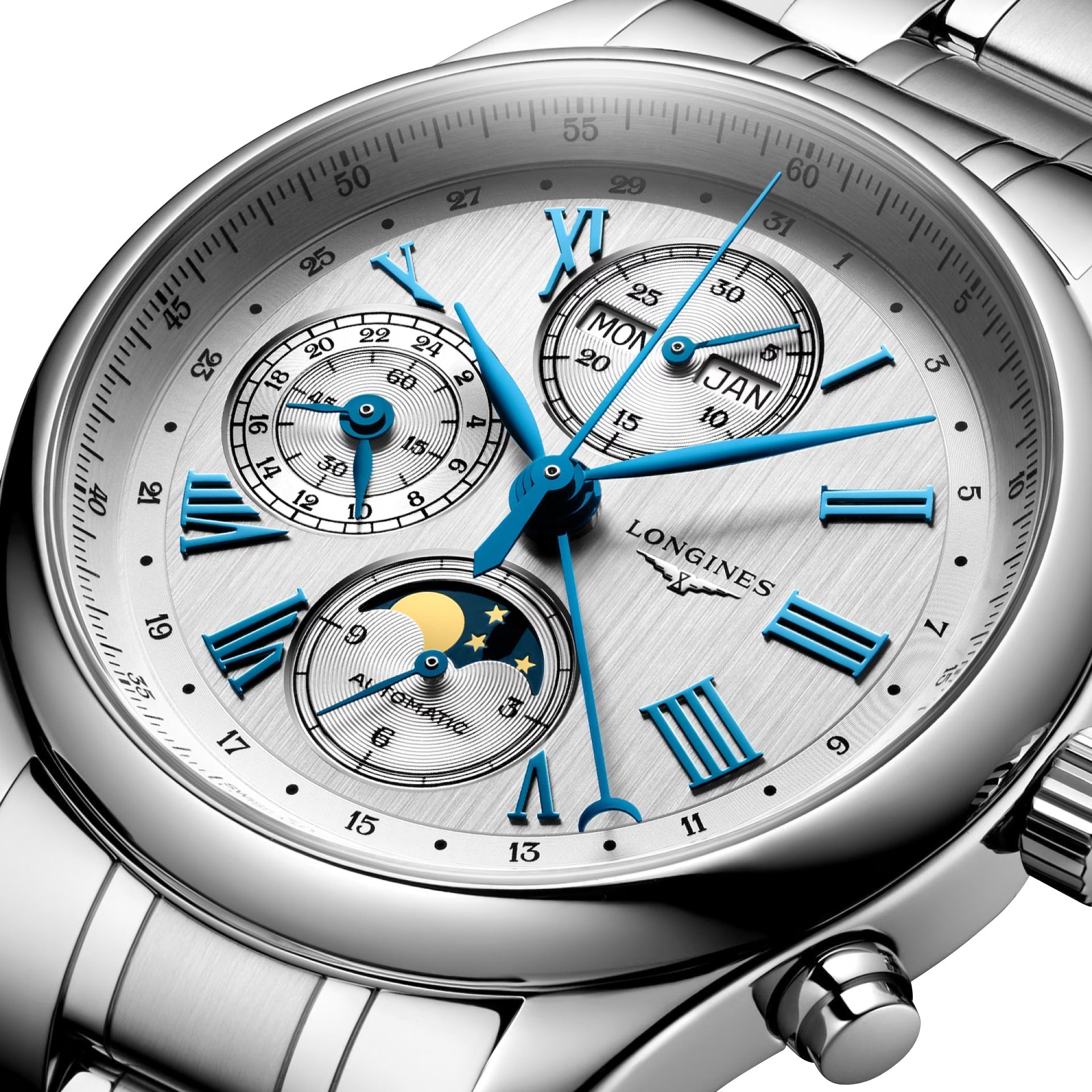 Longines Master Collection Complications Automatic Chronograph Stainless Steel Silver Dial Day/Date Month Moonphase Mens Watch L2.773.4.71.6