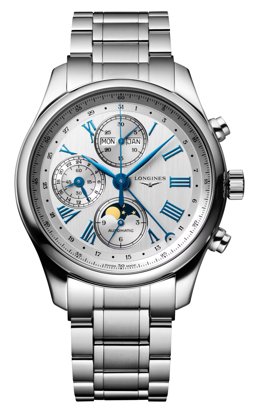 Longines Master Collection Complications Automatic Chronograph Stainless Steel Silver Dial Day/Date Month Moonphase Mens Watch L2.773.4.71.6