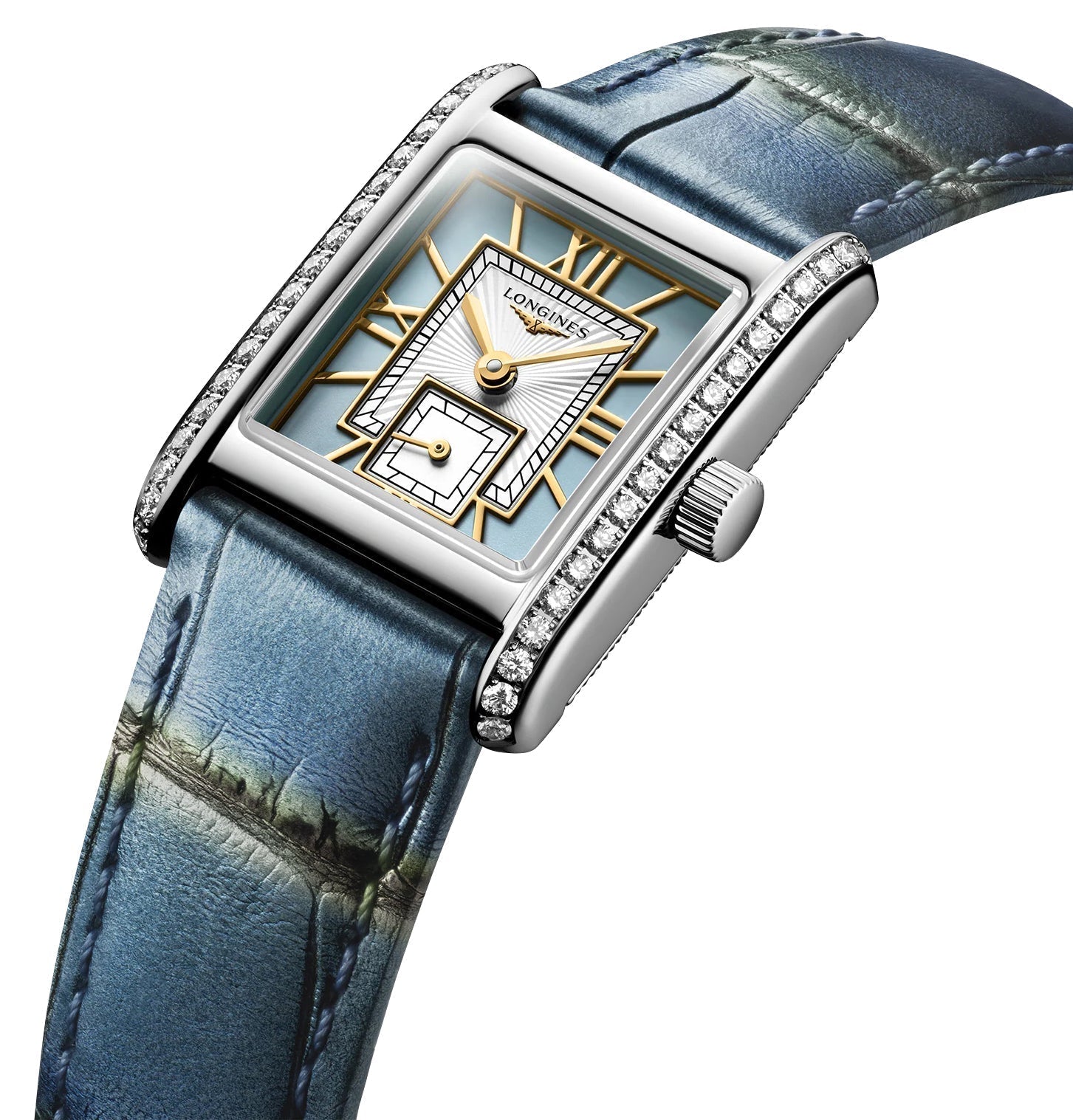 Longines Mini DolceVita Stainless Steel Blue Dial Blue Leather Strap Diamonds Quartz Womens Watch L5.200.0.95.2