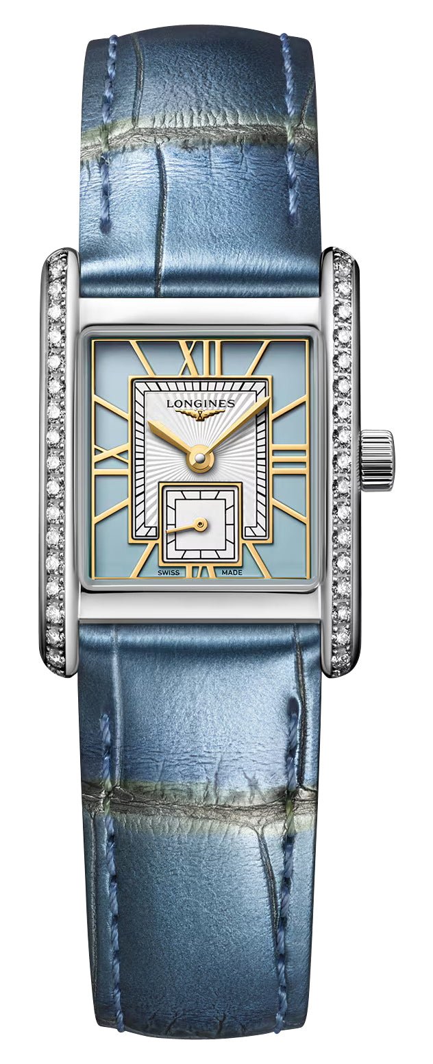 Longines Mini DolceVita Stainless Steel Blue Dial Blue Leather Strap Diamonds Quartz Womens Watch L5.200.0.95.2