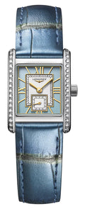 Longines Mini DolceVita Stainless Steel Blue Dial Blue Leather Strap Diamonds Quartz Womens Watch L5.200.0.95.2