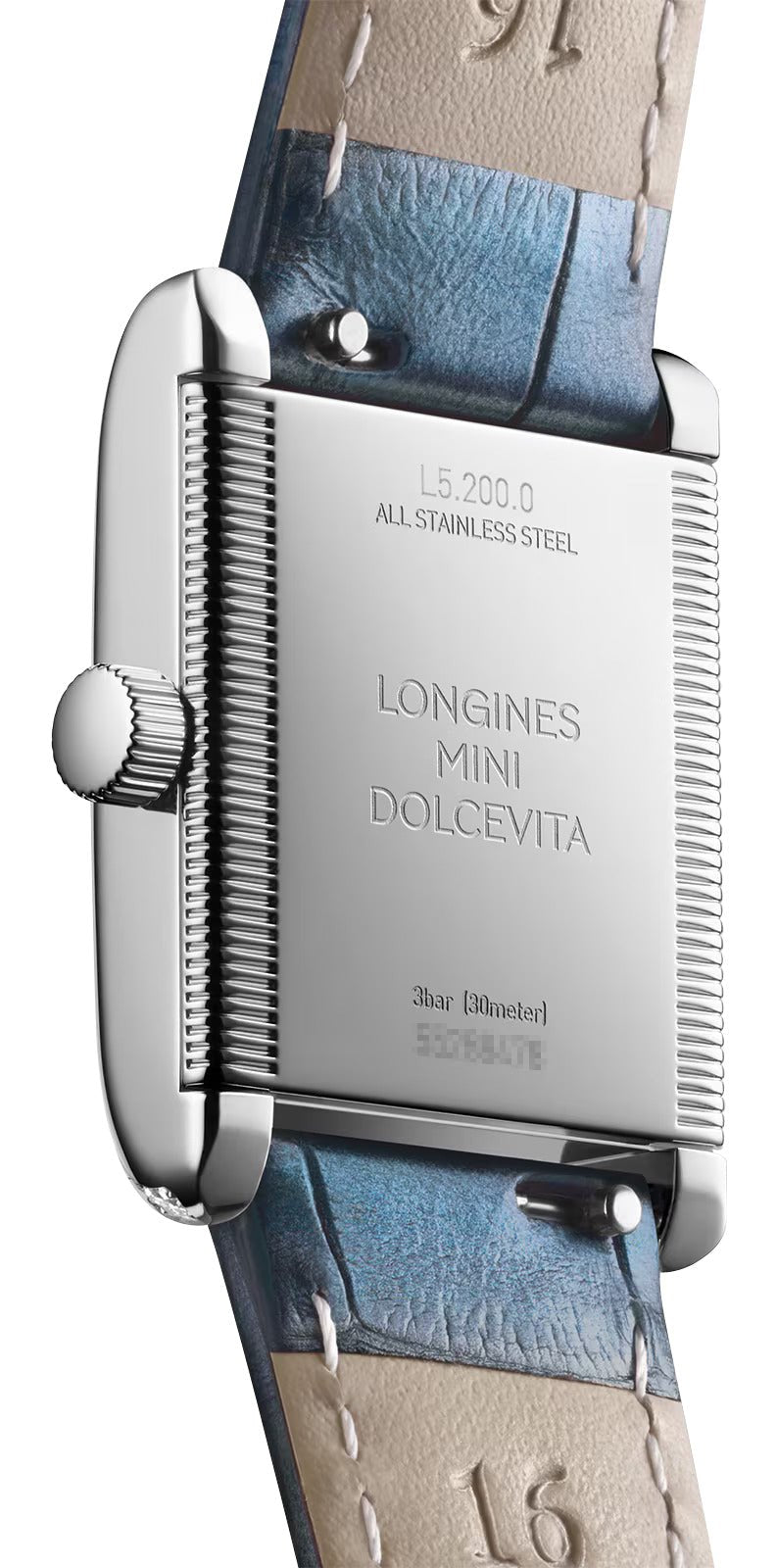 Longines Mini DolceVita Stainless Steel Blue Dial Blue Leather Strap Diamonds Quartz Womens Watch L5.200.0.95.2