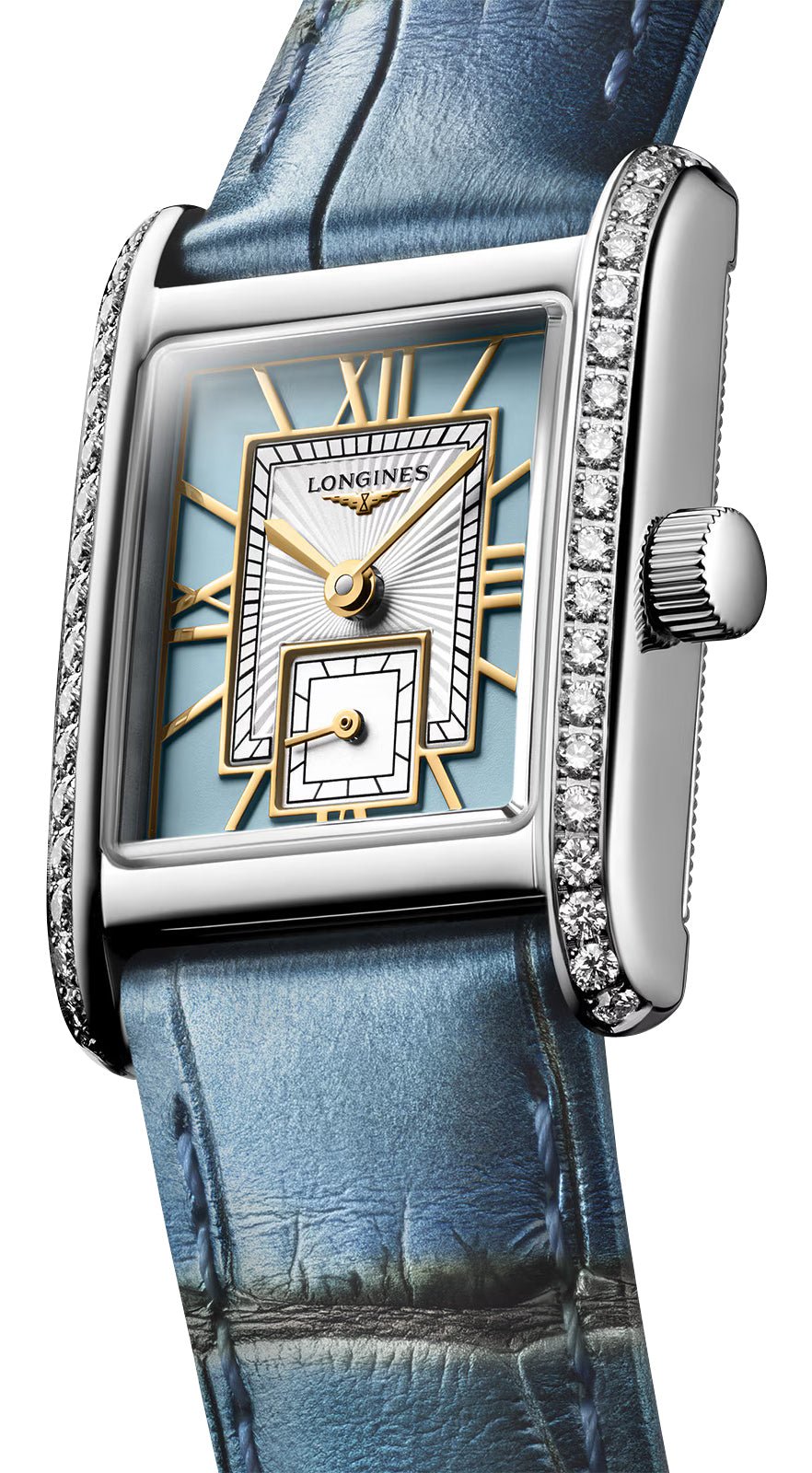 Longines Mini DolceVita Stainless Steel Blue Dial Blue Leather Strap Diamonds Quartz Womens Watch L5.200.0.95.2