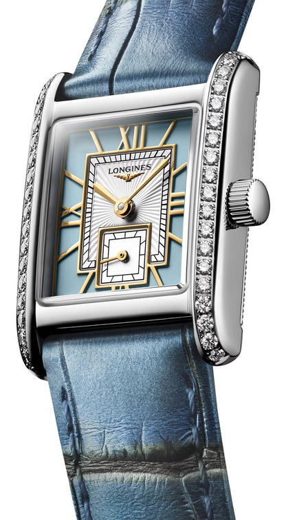 Longines Mini DolceVita Stainless Steel Blue Dial Blue Leather Strap Diamonds Quartz Womens Watch L5.200.0.95.2