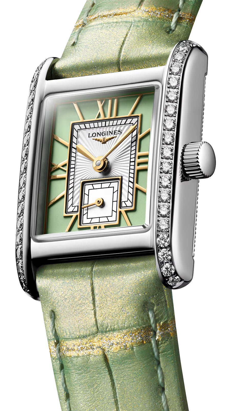 Longines Mini DolceVita Stainless Steel Green Dial Green Leather Strap Diamonds Quartz Womens Watch L5.200.0.05.2