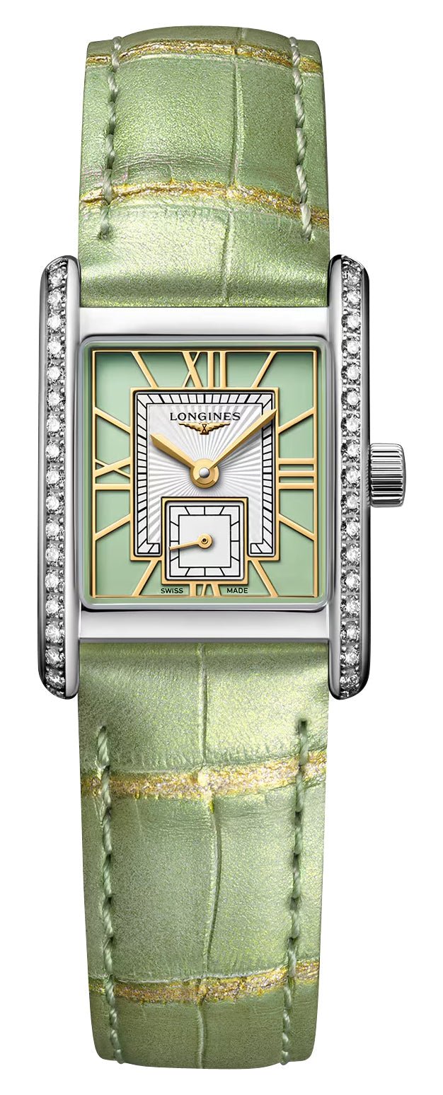 Longines Mini DolceVita Stainless Steel Green Dial Green Leather Strap Diamonds Quartz Womens Watch L5.200.0.05.2