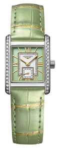 Longines Mini DolceVita Stainless Steel Green Dial Green Leather Strap Diamonds Quartz Womens Watch L5.200.0.05.2