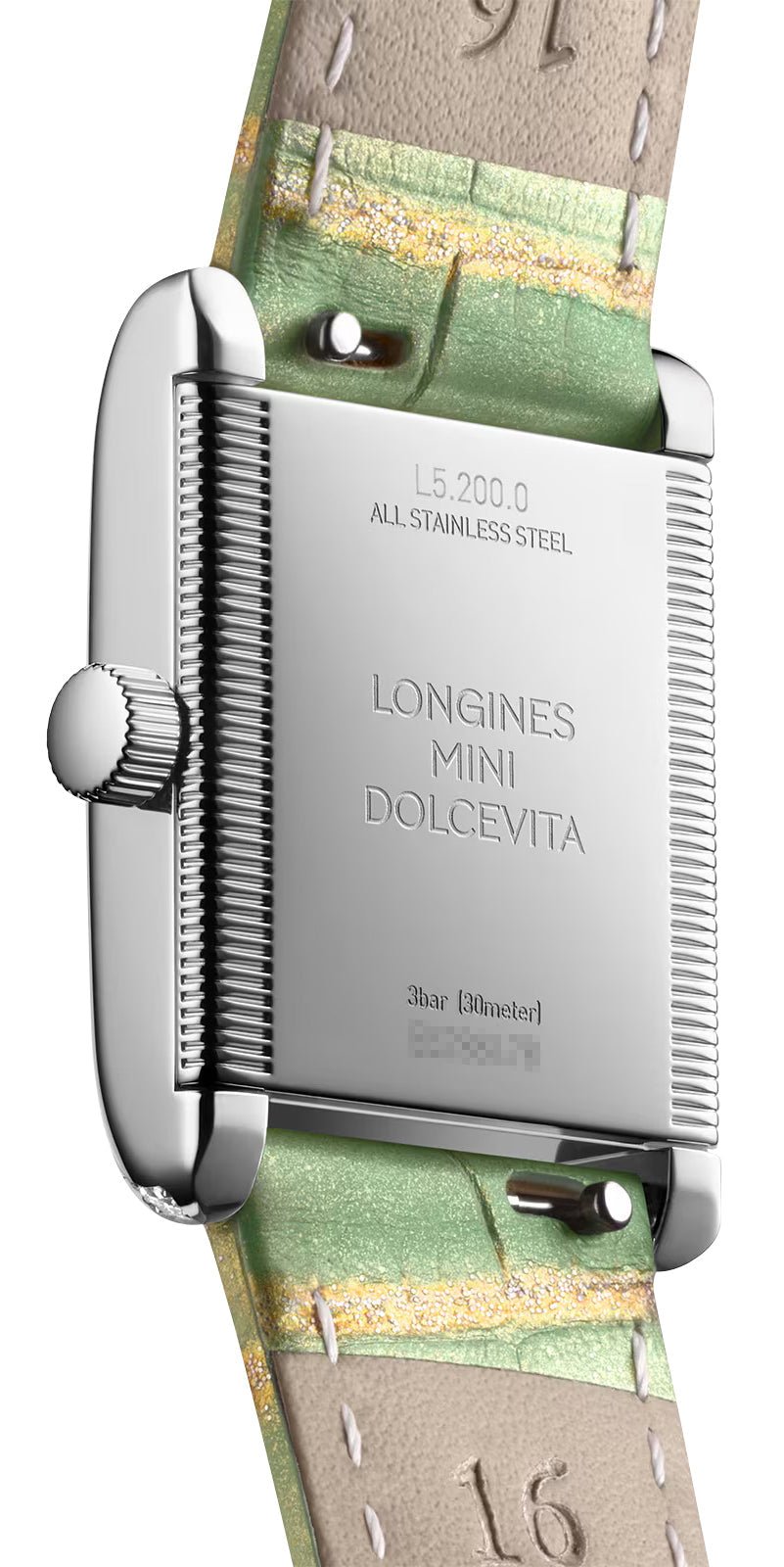 Longines Mini DolceVita Stainless Steel Green Dial Green Leather Strap Diamonds Quartz Womens Watch L5.200.0.05.2