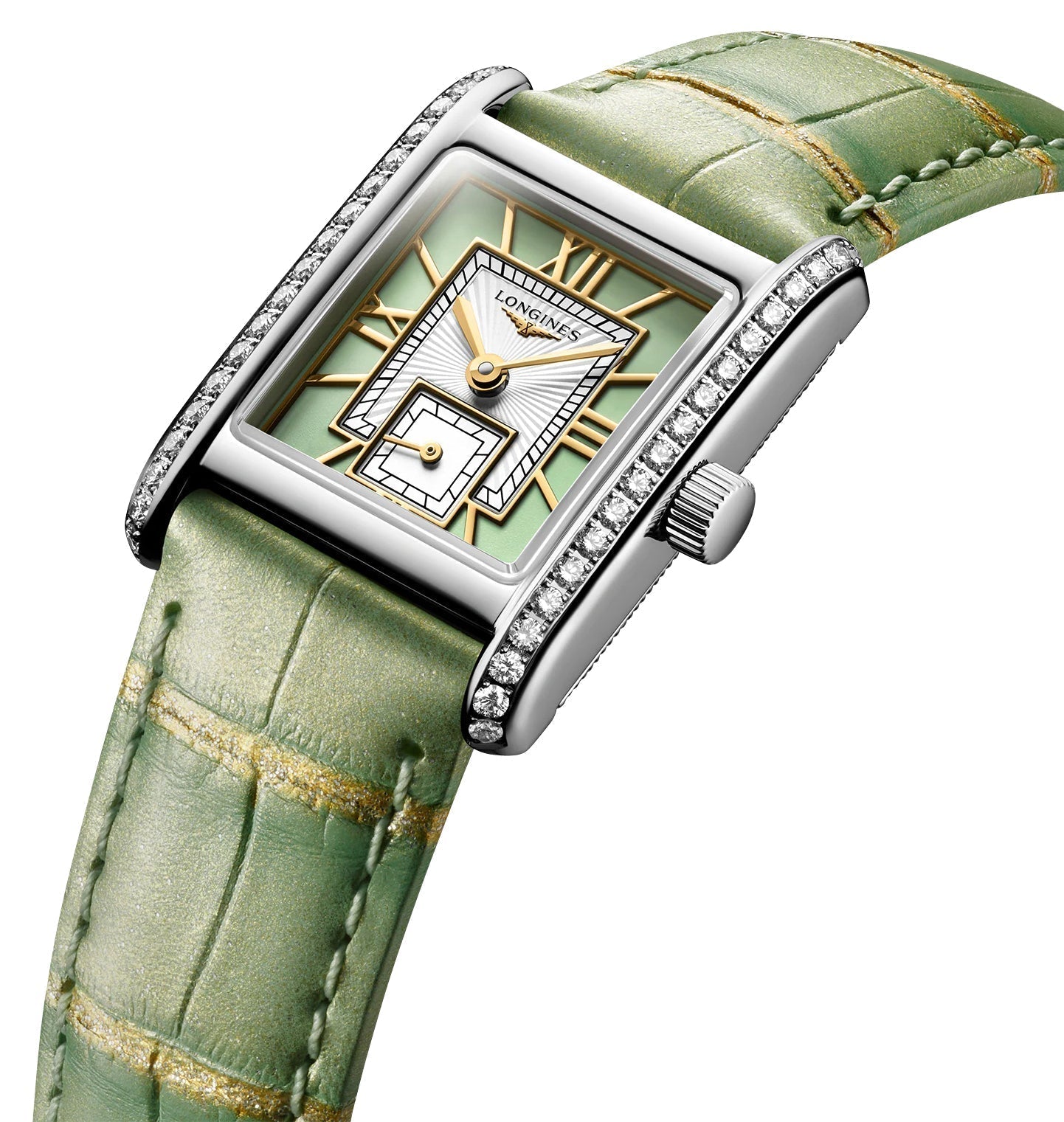 Longines Mini DolceVita Stainless Steel Green Dial Green Leather Strap Diamonds Quartz Womens Watch L5.200.0.05.2