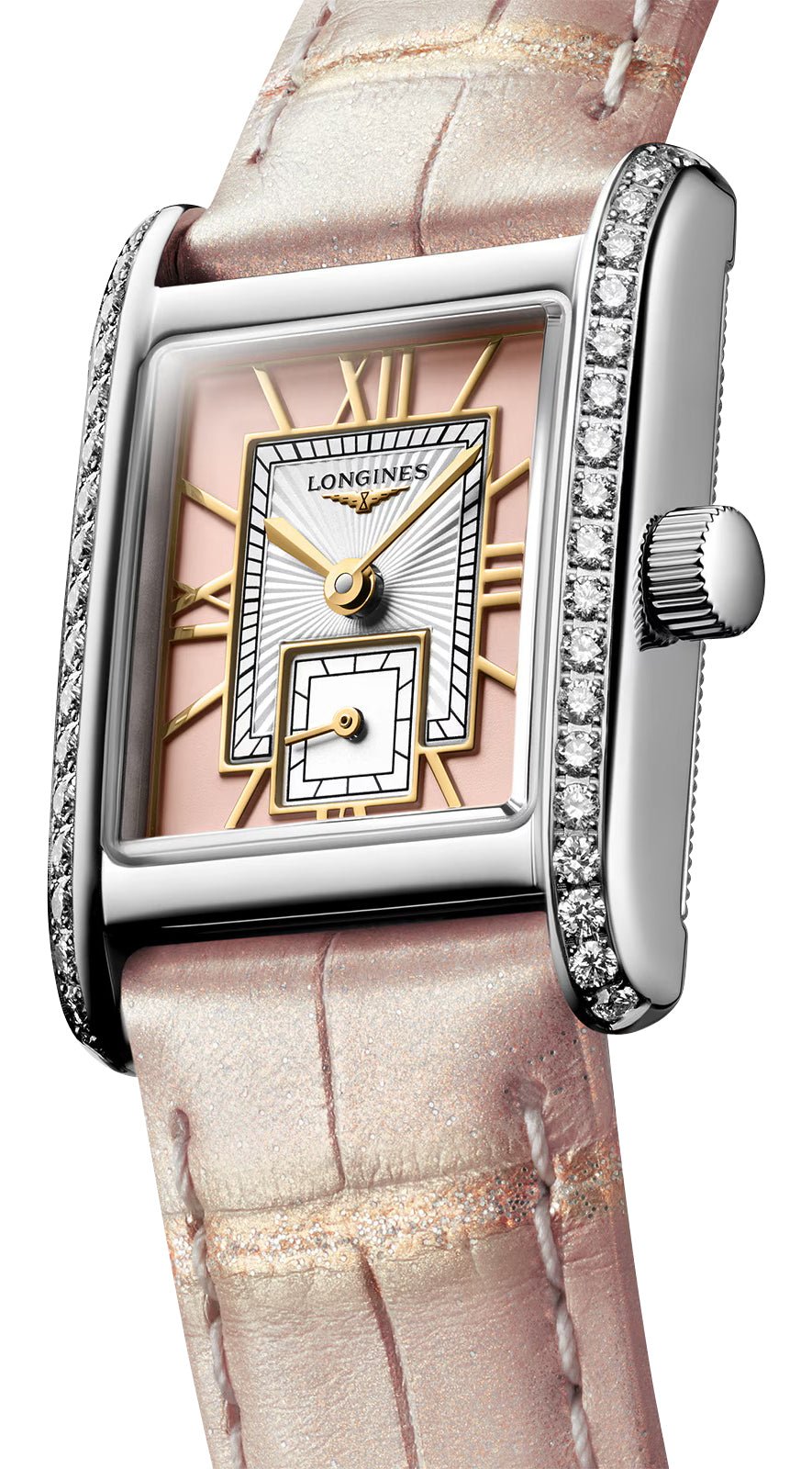 Longines Mini DolceVita Stainless Steel Pink Dial Pink Leather Strap Diamonds Quartz Womens Watch L5.200.0.99.2