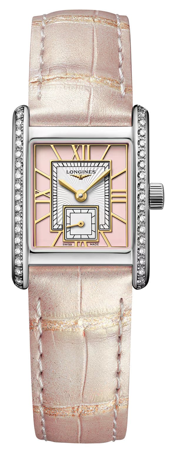 Longines Mini DolceVita Stainless Steel Pink Dial Pink Leather Strap Diamonds Quartz Womens Watch L5.200.0.99.2