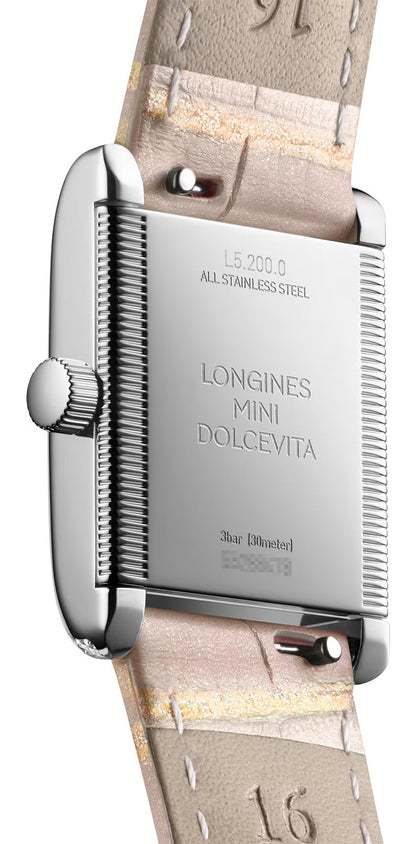 Longines Mini DolceVita Stainless Steel Pink Dial Pink Leather Strap Diamonds Quartz Womens Watch L5.200.0.99.2
