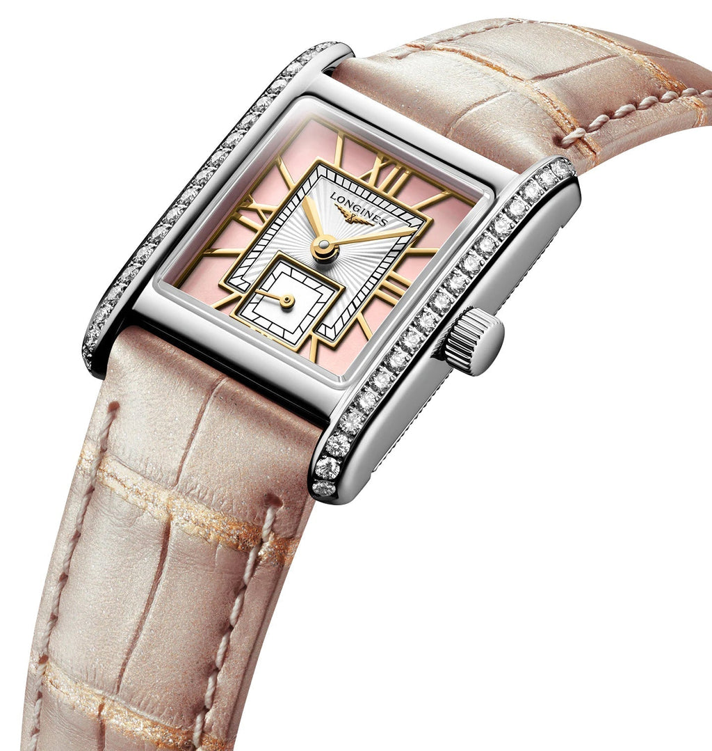 Longines Mini DolceVita Stainless Steel Pink Dial Pink Leather Strap Diamonds Quartz Womens Watch L5.200.0.99.2