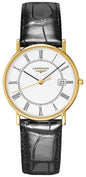 Longines Presence 18kt Yellow Gold White Dial Black Leather Strap Date Quartz Mens Watch L4.743.6.11.0