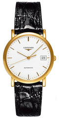 Longines Presence Automatic 18K Yellow Gold White Dial Black Leather Strap Date Unisex Watch L4.778.6.12.0