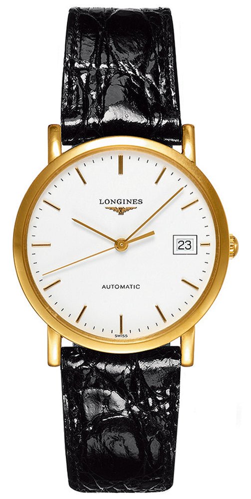 Longines Presence Automatic 18K Yellow Gold White Dial Black Leather Strap Date Unisex Watch L4.778.6.12.0