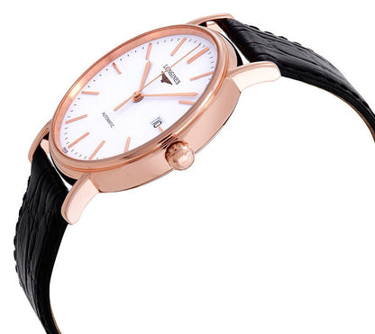 Longines Presence Automatic Rose Gold PVD White Dial Black Leather Strap Date Mens Watch L4.921.1.12.2