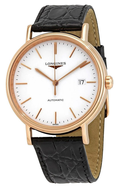 Longines Presence Automatic Rose Gold PVD White Dial Black Leather Strap Date Mens Watch L4.922.1.12.2