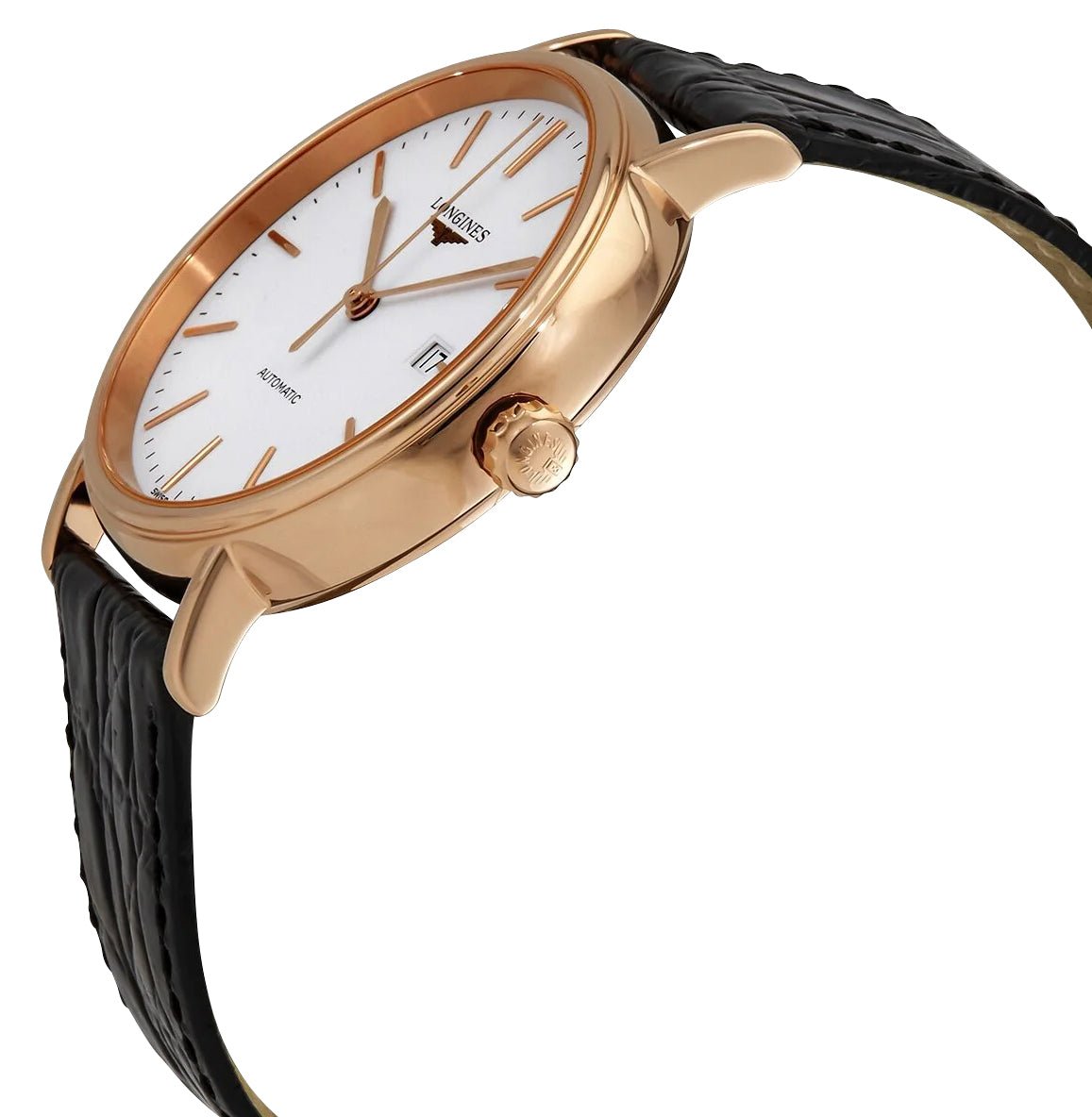 Longines Presence Automatic Rose Gold PVD White Dial Black Leather Strap Date Mens Watch L4.922.1.12.2