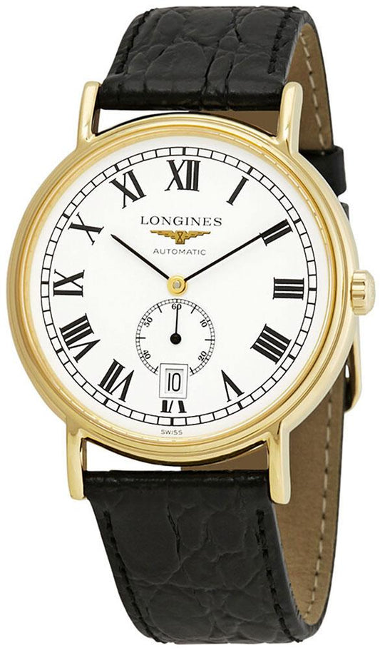 Longines Presence Automatic Yellow Gold PVD White Dial Black Leather Strap Date Mens Watch L4.805.2.11.2
