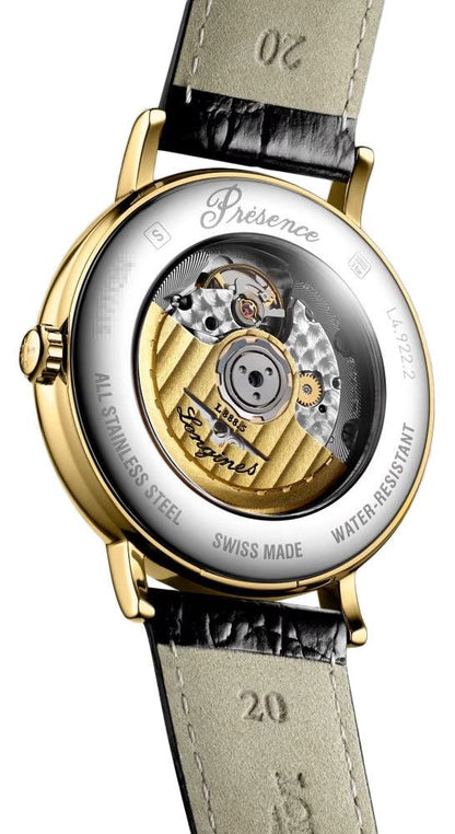 Longines Presence Automatic Yellow Gold PVD White Dial Black Leather Strap Date Mens Watch L4.922.2.11.2