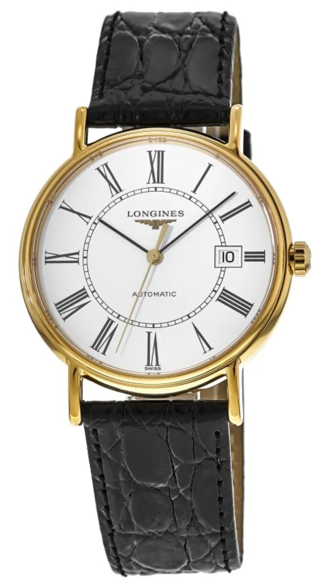Longines Presence Automatic Yellow Gold PVD White Dial Black Leather Strap Date Mens Watch L4.922.2.11.2