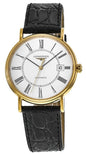 Longines Presence Automatic Yellow Gold PVD White Dial Black Leather Strap Date Mens Watch L4.922.2.11.2
