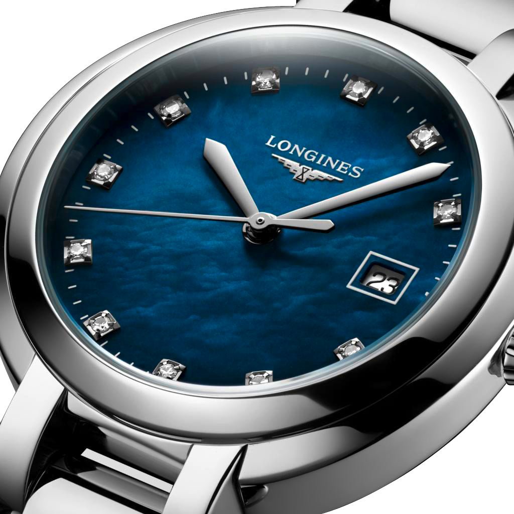Longines PrimaLuna Stainless Steel Blue Mother-Of-Pearl Dial Diamonds Date Quartz Womens Watch L8.122.4.98.6