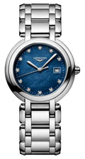 Longines PrimaLuna Stainless Steel Blue Mother-Of-Pearl Dial Diamonds Date Quartz Womens Watch L8.122.4.98.6