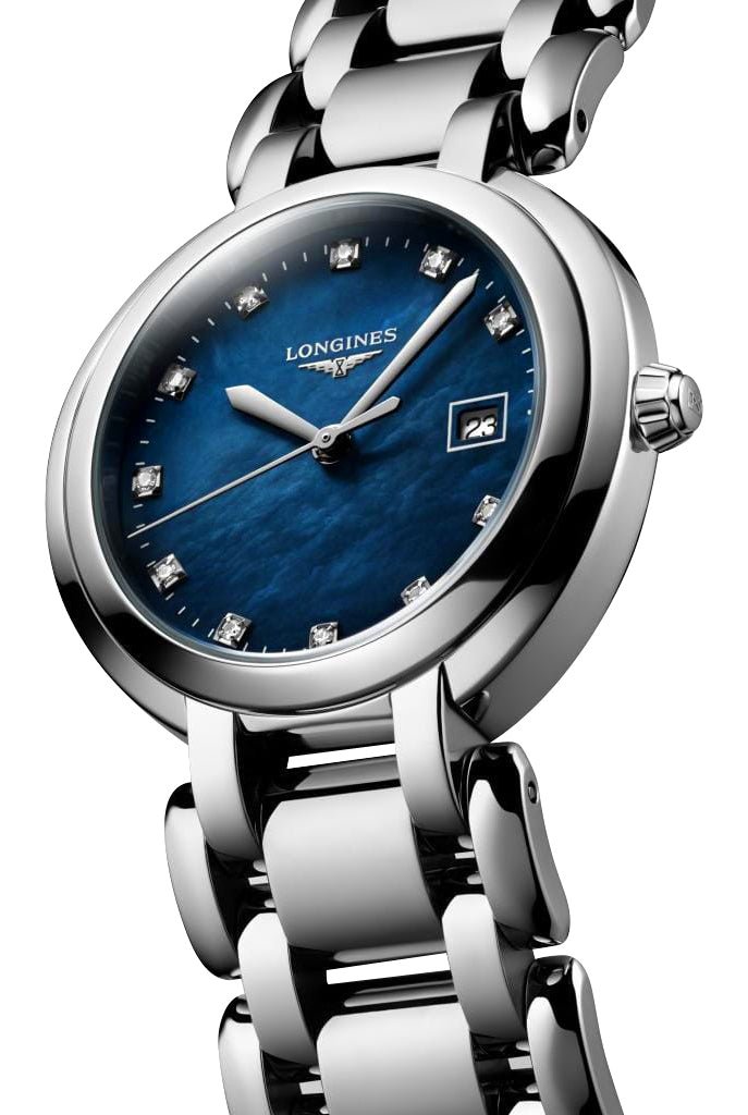 Longines PrimaLuna Stainless Steel Blue Mother-Of-Pearl Dial Diamonds Date Quartz Womens Watch L8.122.4.98.6
