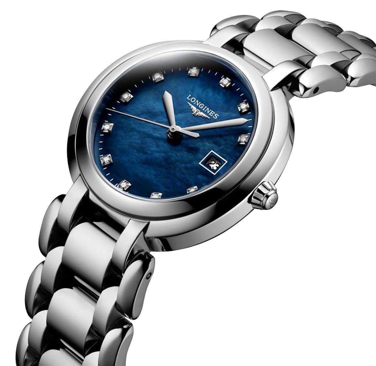 Longines PrimaLuna Stainless Steel Blue Mother-Of-Pearl Dial Diamonds Date Quartz Womens Watch L8.122.4.98.6