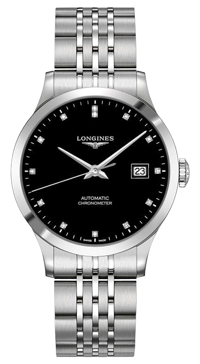 Longines Record Automatic COSC Stainless Steel Black Dial Diamonds Date Mens Watch L2.820.4.57.6