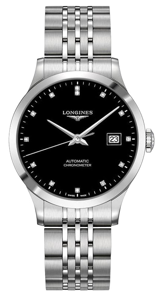 Longines Record Automatic COSC Stainless Steel Black Dial Diamonds Date Mens Watch L2.820.4.57.6
