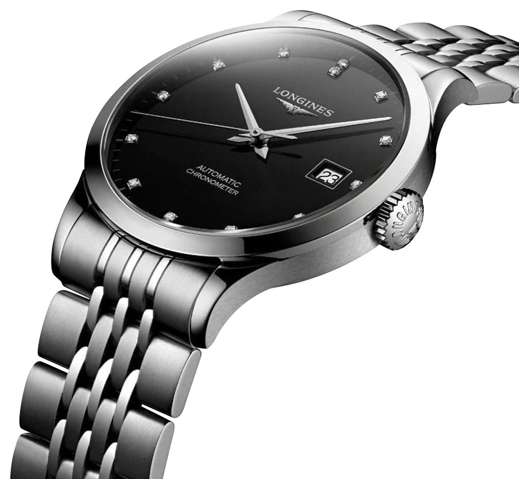 Longines Record Automatic COSC Stainless Steel Black Dial Diamonds Date Mens Watch L2.820.4.57.6