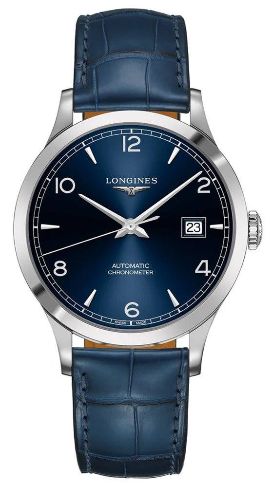Longines Record Automatic COSC Stainless Steel Blue Dial Blue Leather Strap Date Mens Watch L2.821.4.96.4