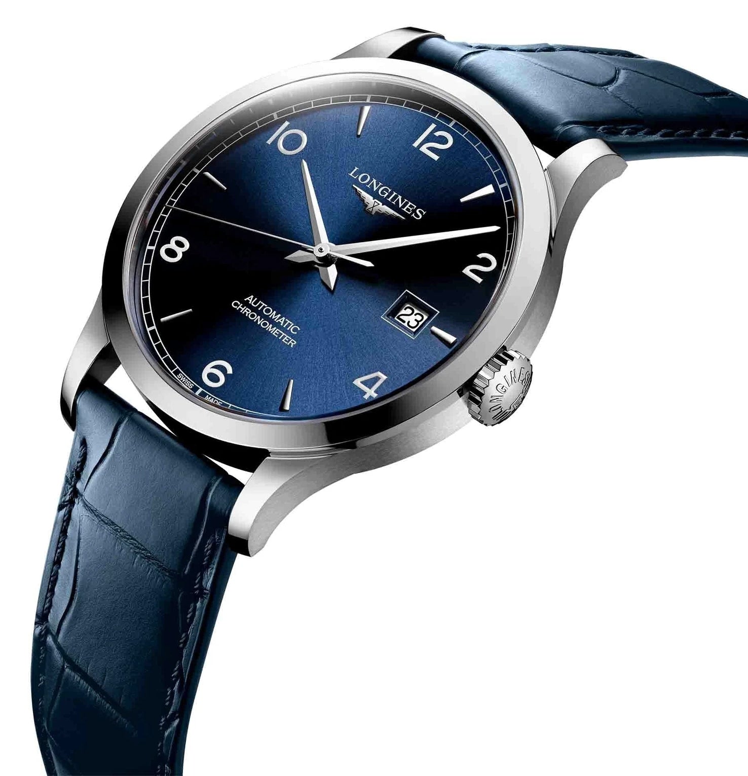 Longines Record Automatic COSC Stainless Steel Blue Dial Blue Leather Strap Date Mens Watch L2.821.4.96.4